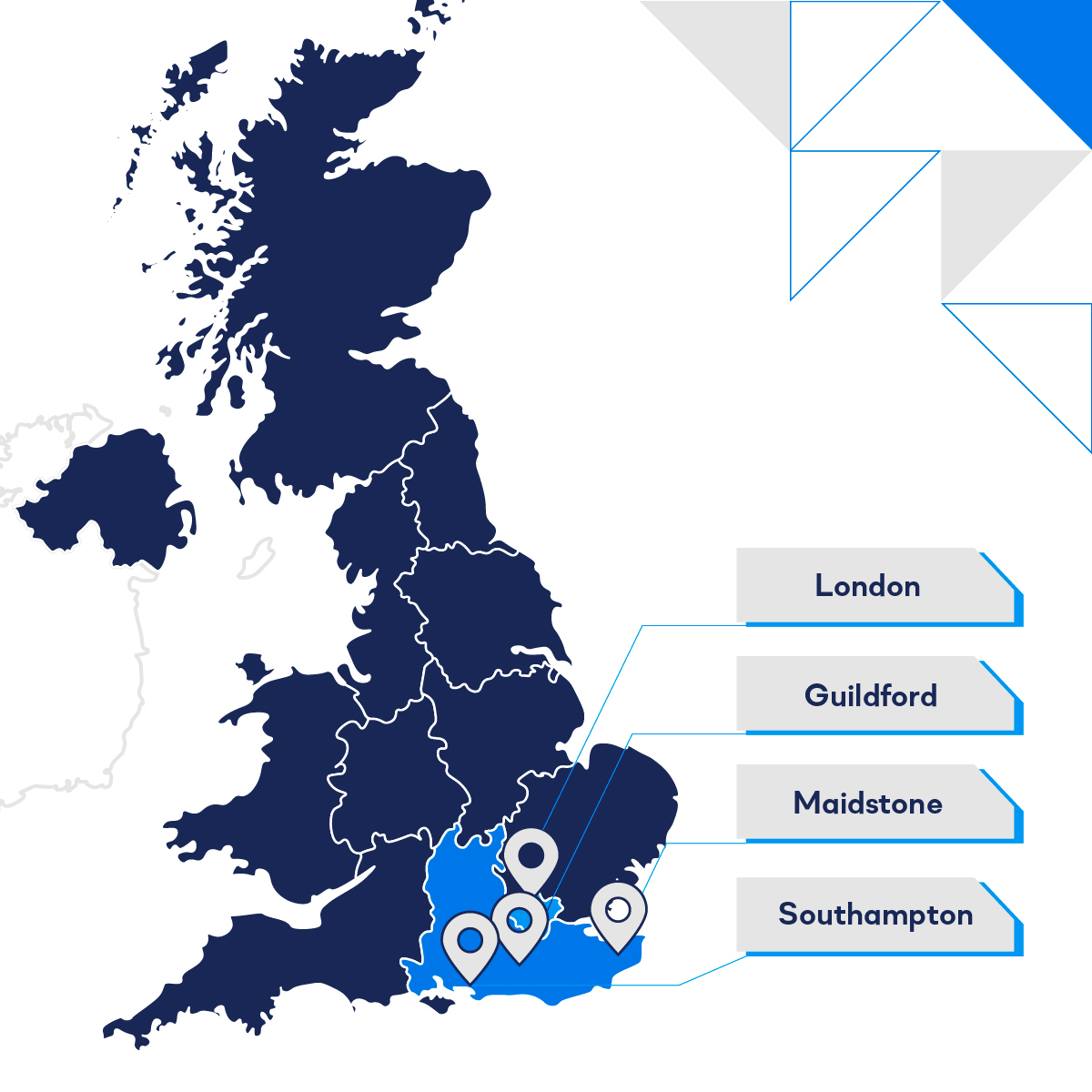 Vector isolated illustration of simplified administrative map of the United Kingdom of Great Britain and Northern Ireland. Borders and names of the regions. Grey silhouettes. White outline.